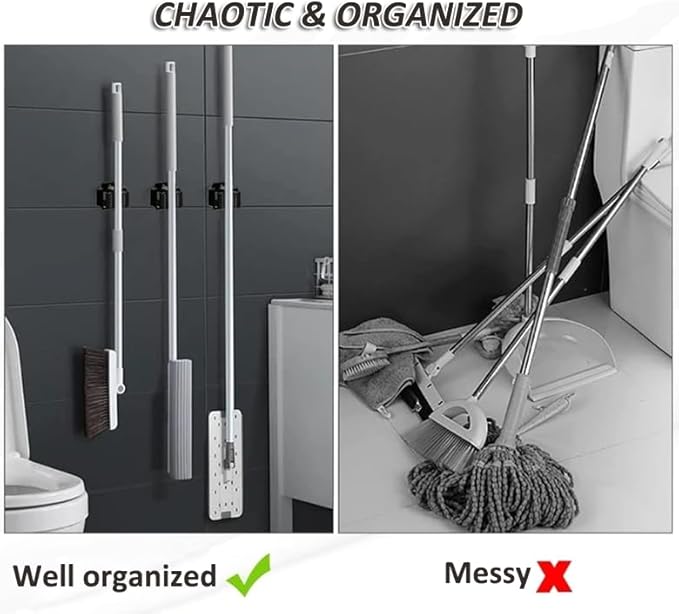 AKOAK Broom and Mop Rack Holder, Wall Storage Organizer, Screw Mount, Garden Tool Organizer Stainless Steel Mop Rack, Home, Kitchen, Bathroom, Garden, Garage Storage (4 PCS, Black+Silver)
