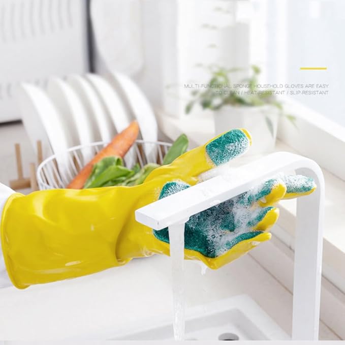 2 Pairs Latex Gloves Kitchen Dishwashing Gloves Kitchen Latex Gardening Scouring Pad