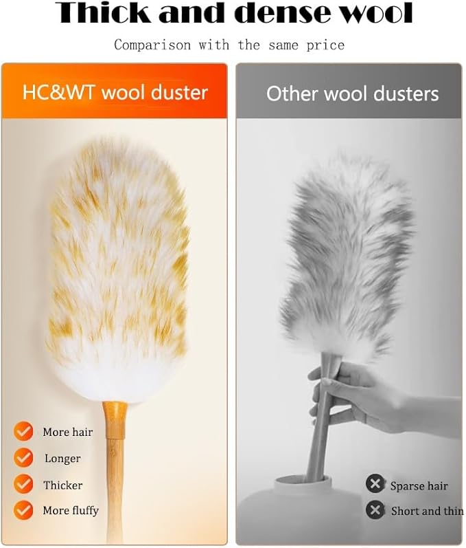 Wool Duster with Wooden Handle, Household with Hanging Rope Small Hand Duster for Cleaning Reusable for Cleaning Wall Plant Desk Car (S)