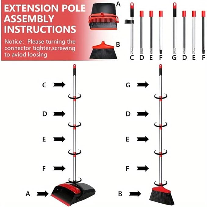 Loonpon Broom with Dustpan Combo Set, 43” Long Handle Broom and Dustpan Set, Upright Standing Dust Pan for Home and Kitchen, Brooms for Sweeping Indoor（Black&Red）