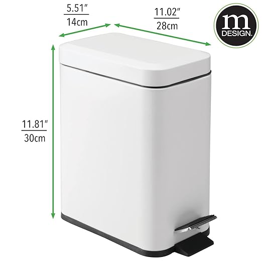 mDesign Metal Freestanding Slim Toilet Bowl Brush and Holder + Rectangle Narrow 5 Liter / 1.3 Gallon Step Pedal Trash Can Wastebasket for Bathroom - Small, Compact Design - Set of 2 - White
