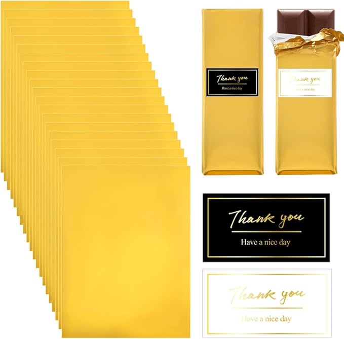 100 PCS Chocolate Bar Foil Wrappers, 11 x 7.9 Inch Aluminum Foil Candy Wrappers with 120PCS Thank You Stickers, Chocolate Bar Packaging Papers for Gift Wrapping, Gold