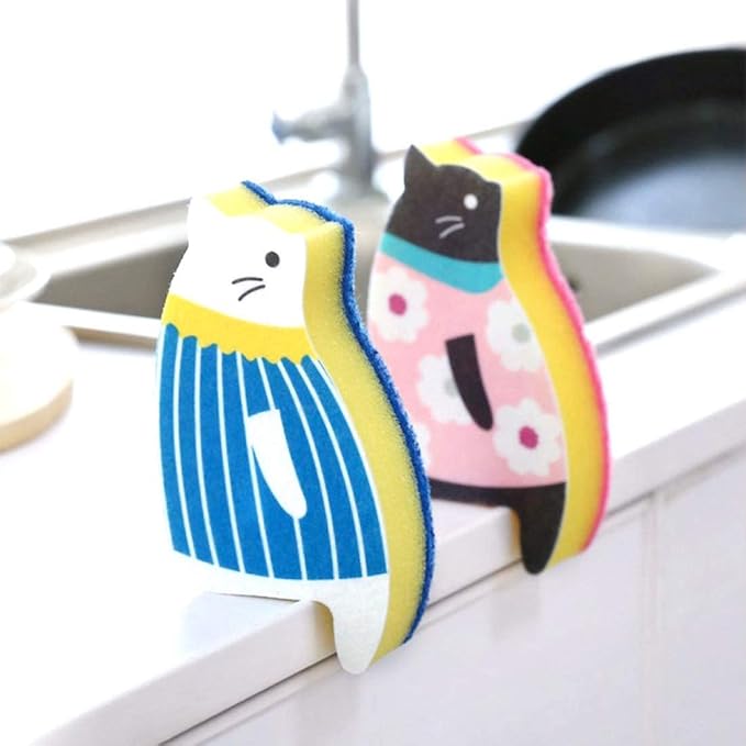 Sink Cat Dish Sponge Scrubber for Washing Dishes Dishwashing Cloth Scrubber Pack of 4 (BluePink Set)