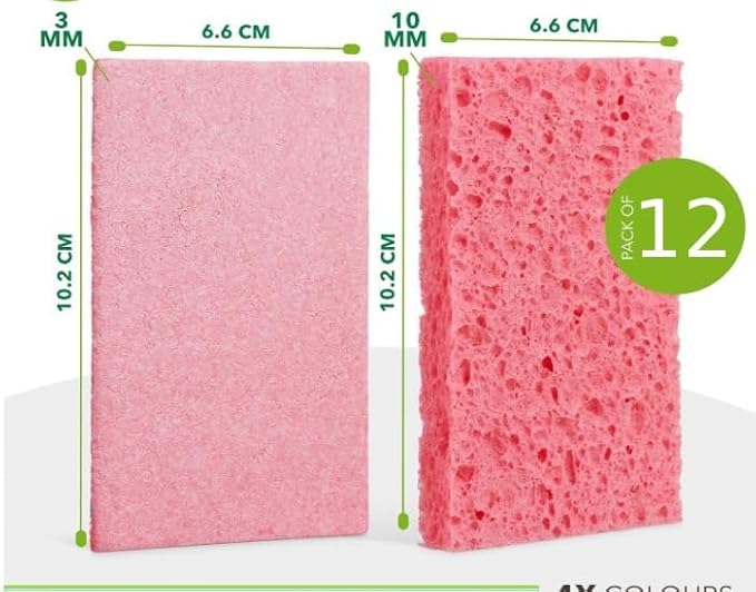 Compressed Non-Scratch Kitchen Sponges - Highly Absorbent for Dishes, Countertop, Sink, Car - Biodegradable, Quick Drying Cellulose Sponges - Assorted Colors (Pack of 12)