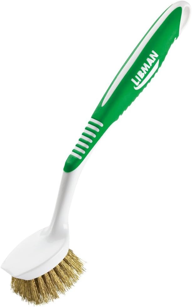 Libman Brass Brush Pot Scrubber - Metal Wire Brass Pot Brush - 3 Pk Wire Scrub Brushes with Pot & Pan Scraper for Cleaning Grills, Skillets, Oven Racks