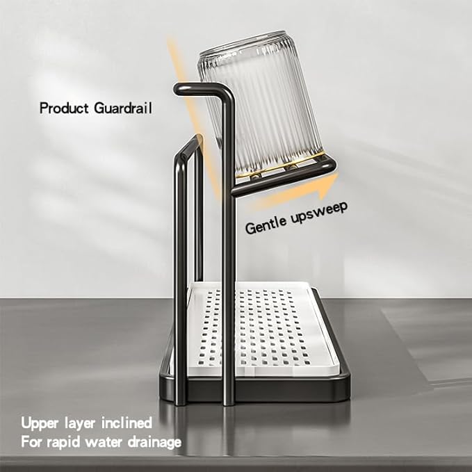 2-Tier Space-Saving Drain Rack with Removable Tray, Cup Storage Rack for Kitchen Sink, Dish Drying Organizer (Black)