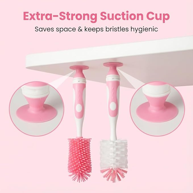 5-in-1 Baby Bottle Brush Set, Including Nylon and Silicone Bottle Brush, Cap, Straw, Nipple Brushes, BPA-Free (Pink)