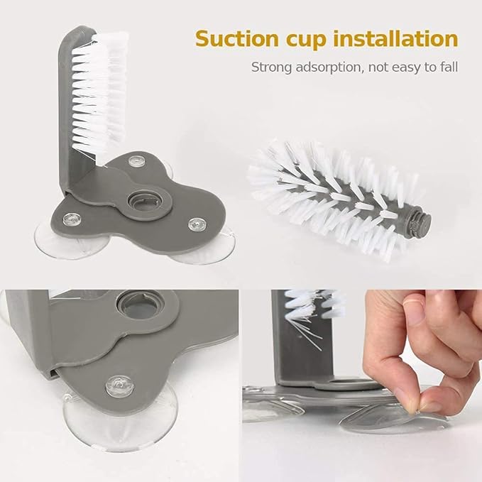 Bar Glass Washer Glass Cleaning Brush with Suction Base 360-Degree Triple Head Design Bottle and Cup Scrubber for Kitchen Sink (Light Gray)