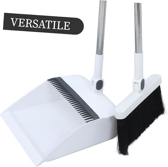 FRCOLOR Long Handle Broom and Foldable Dustpan Set Lightweight Stainless Steel Broom with Comb Teeth Ergonomic Design for Efficient Floor Cleaning for Home and Office