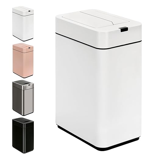 Sensor Trash Can with Butterfly Lid 2.6 Gallon Rectangular Automatic Garbage Can, Stainless Steel Trash Bin, Slim Waterproof Wastebaskets with Lid Soft Close for Under Counter, White