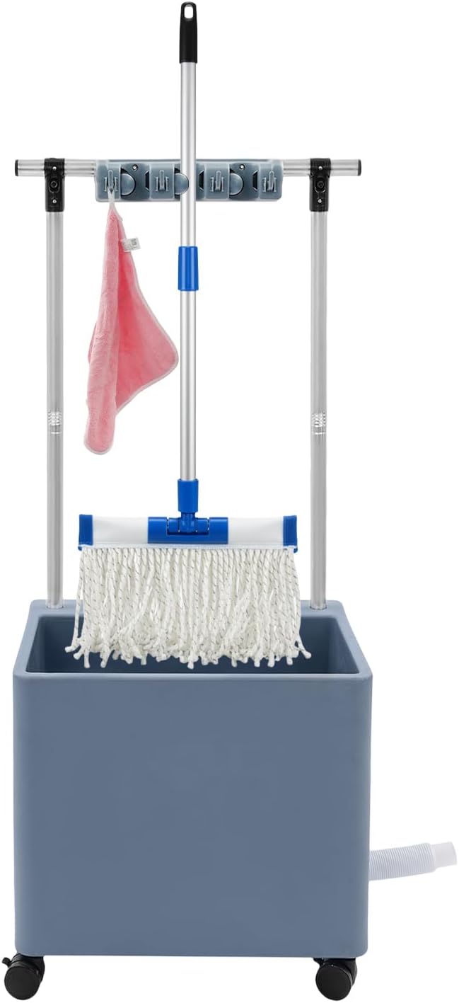 Floor Mop Sink, Mop Service Basin with Cleaning Tool Rack, Floor Mount Slop Sink with Wheels, With Drainage, for Kitchen, Laundry Room, Bathroom and Industrial Use (3 Mop Slots/4 Hooks)