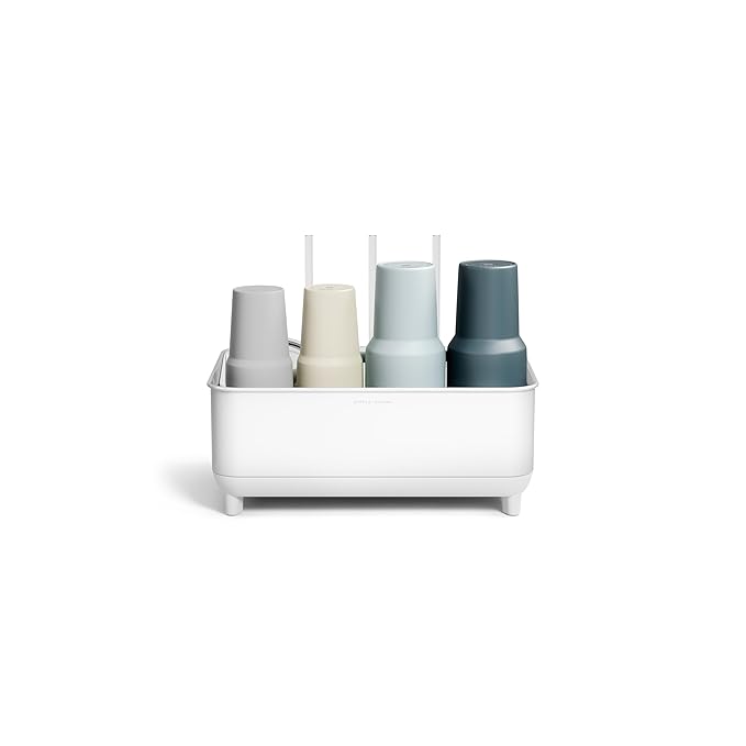simplehuman Bottle Dock, Steel Frame Fast Drying Bottle Rack, Three-Compartment Organizer for Tumblers, Caps & Straws, White Stainless Steel
