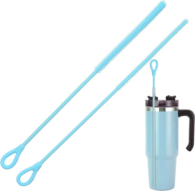2Pcs silicone straw cleaning brushes, extra long, used for Cleaning Glass Metal Smoothie Straws and StrawCups,Non-slip Handle Soft and Bendable, 6mm+9mm. (Blue)