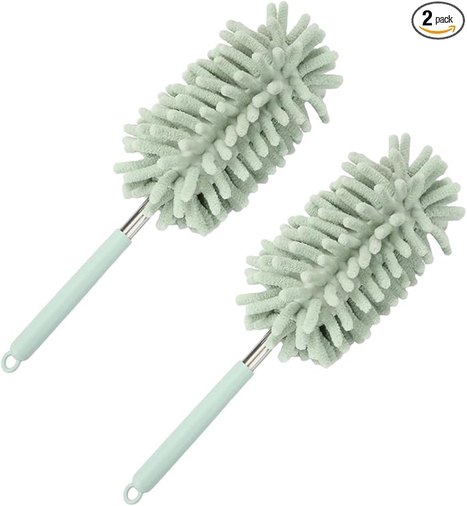 2PCS Car Interior Duster with Extension Pole – Washable Microfiber Dusters Detailing Brushes with Bendable Head, Long Handle Cleaning Duster Tool for Car Dash, Vents, Window, Furniture, Office (Green)