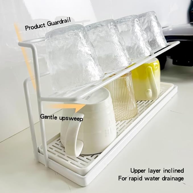 2-Tier Space-Saving Drain Rack with Removable Tray, Cup Storage Rack for Kitchen Sink, Dish Drying Organizer (White)