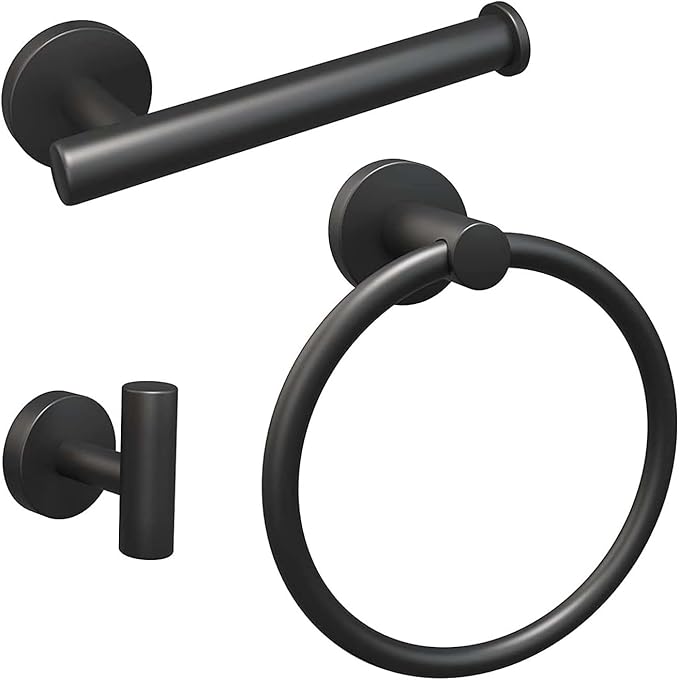 Towel Ring Set 3 Pieces Bathroom Kit Accessories Restroom Towel Holder Toilet Paper Holder and Hook Set Stainless Steel Bathroom Hardware (Matte Black)