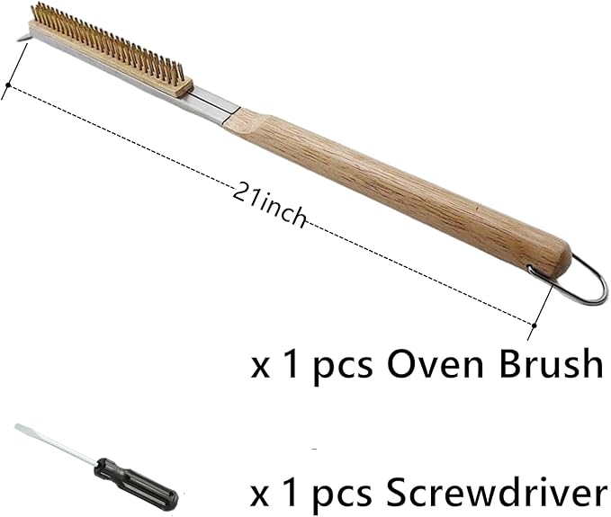 21 Inch Pizza Oven Brush with Scraper, Brass Bristles, Outdoor BBQ Grill Cleaning Brush Copper Wire Pizza Stone with 1 Screwdriver Outdoor Oven Accessories