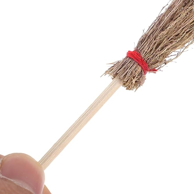 EXCEART Mini Broom Witch Accessory 3.74 Inch Straw Broomstick with Red Hanging Rope for Halloween Party Decoration and Costume Prop