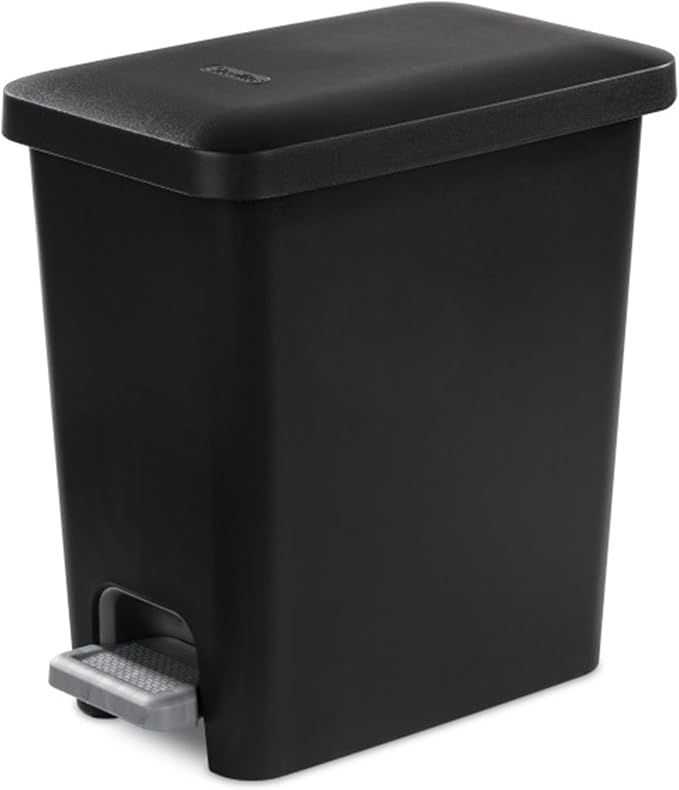 Sterilite 2.7 Gallon Rectangular Step On Kitchen Trash Bin Plastic Indoor Wastebasket with Removable Liner and Bag Holding Feature, Black (6 Pack)