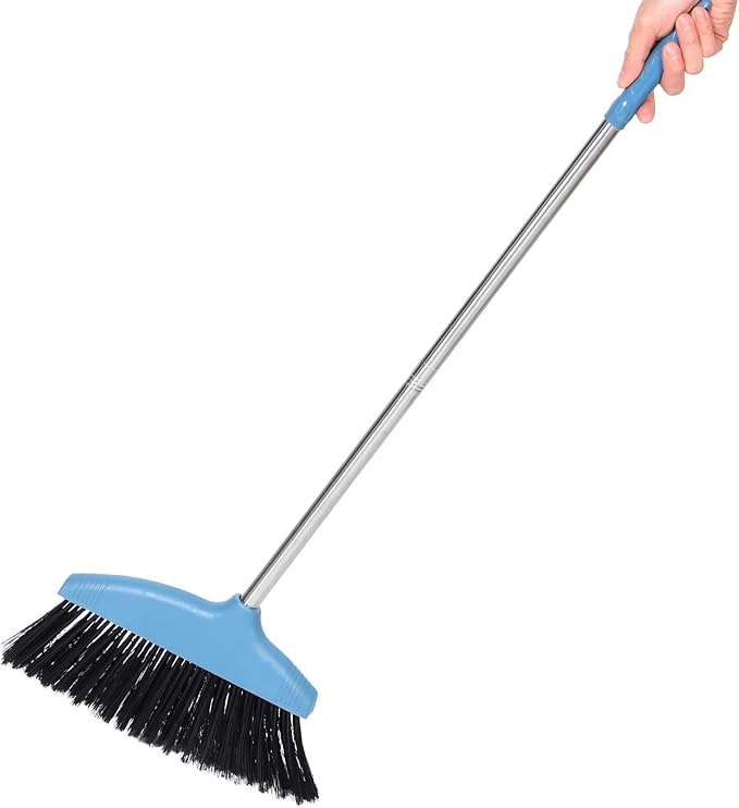 Soft Bristle Broom with Long Stainless Steel Handle, Indoor Outdoor Floor Sweeping Tool for Home Kitchen Office, Blue Non-Stick Hair Cleaning Household Sweeper
