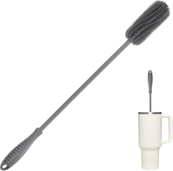15.7" Silicone Bottle Brush, ddLUCK Water Bottle Cleaner Brush for Stanley, Hydroflasks, Glass, Thermos Sports Bottle, Vase and Glassware, Bottle Brush Cleaner for Small Narrow Neck Containers (Gray)