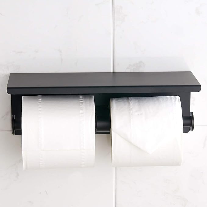 BGL 304 Stainless Steel Double Toilet Paper Holder Wall Mounted Matte Black Two Heads Roll Tissue Paper Holder with Shelf (Black)