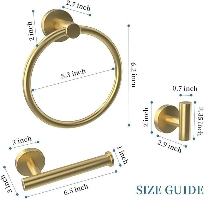 Towel Ring Set 3 Pieces Bathroom Kit Accessories Restroom Towel Holder Toilet Paper Holder and Hook Set Stainless Steel Bathroom Hardware (Brushed Gold)