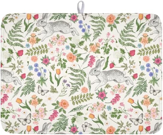 Easter Bunny Dish Drying Mat for Kitchen Counter,Colorful Flowers Sage Green Leaves Vintage Botanical Plants Drying Mat 18 x 24 Inch with Absorbent Reversible Microfiber Drying Pad for Coffee Bar