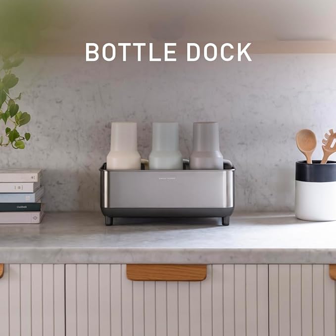 simplehuman Bottle Dock, Steel Frame Fast Drying Bottle Rack, Three-Compartment Organizer for Tumblers, Caps & Straws, Brushed Stainless Steel