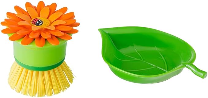 Vigar Flower Palm Dish Scrub Brush with Holder, Perfect Kitchen Brushes for Dishes, Sink Brush and Cleaning Brushes for Household Use, Orange, Green