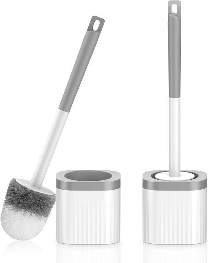Toilet Brush, Compact Toilet Brush and Holder Set with Nylon Bristles 2 Pack Toilet Bowl Brush Small Hidden Scrubber Brushes for Bathroom Deep Cleaning, Grey & White