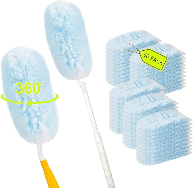 50PCS 360° Duster Refill Disposable Dusters Kit Compatible with Swiffer Duster Refills for Dusting Electronics,Dusting Furniture,Blinds (1 Short Handle and 1 Extenda Handle)