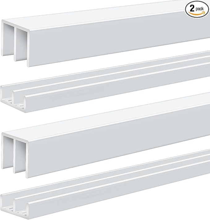 Landical 2 Set 4 ft White Aluminum Sliding Door Track Set for 1/4" Thick Panels Closet Glass Doors Cabinet Window Aluminum Alloy Metal Sliding Track