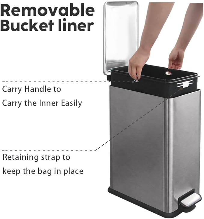 12 Gallon Slim Trash Can Kitchen, Stainless Steel Large Trash Can with Lid, Removal Inner Bucket, Pedal Kitchen Trash Can 45 Liter, Kohler Grey