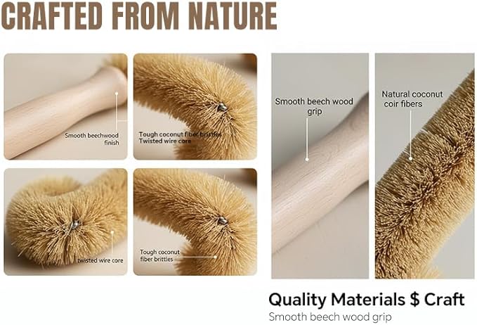 Bottle Brush Cleaner,Long Beech Wood Handle Non-Scratch,L-Shape for Cleaning Coffee Cups,Mason,Thermos,Glass Bottle,Beer Bottles,Wine Bottles,Baby Bottle-Natural Brown