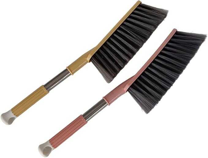 2 Pack Soft Bristle Bed Sheets Sweeping Cleaning Brush with Long Hand, Counter Duster for Debris Hair Remover Desk Quilt Sofa Furniture (Pink Yellow)