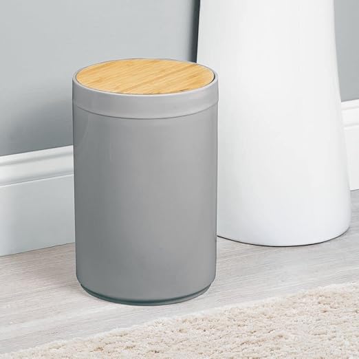 mDesign Plastic Round Trash Can Small Wastebasket - Garbage Bin Container with Swing-Close Lid - Bathroom Garbage Basket - Holds Waste, Recycling - 1.3 Gallon - Basa Collection - Gray/Natural