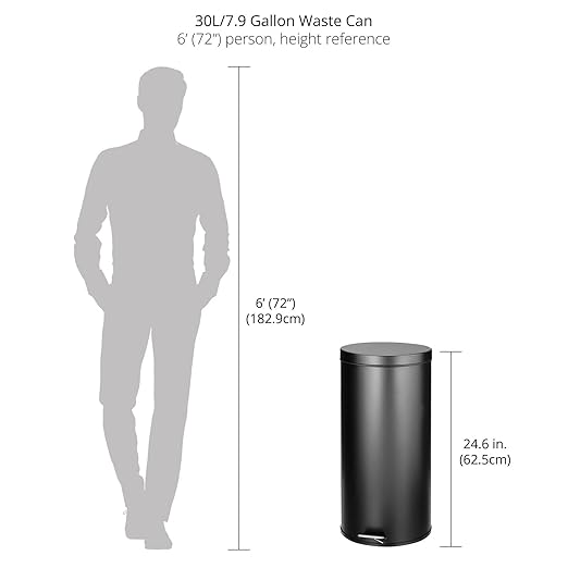 mDesign Tall 30 Liter / 7 Gallon Large Round Metal Lidded Step Trash Can, Thin Compact Garbage Bin with Removable Liner Bucket for Bathroom, Kitchen, Craft Room, Office, Garage - Black