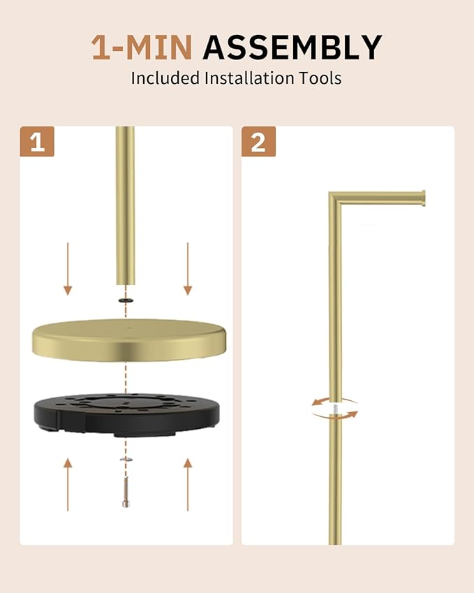 BWE Brushed Gold Toilet Paper Holder Stand, SUS304 Stainless Steel Modern Free Standing Toilet Paper Holder for Bathroom and Washroom with Heavy Weighted Base
