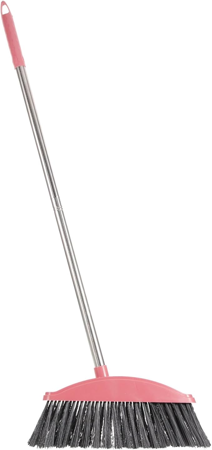 Ciieeo Heavy-Duty Broom, Stainless Steel Broom with Long Handle Floor Sweeping Brooms Wide Angle Outdoor Brooms for Shower Cleaning Patio Kitchen Grout Pink