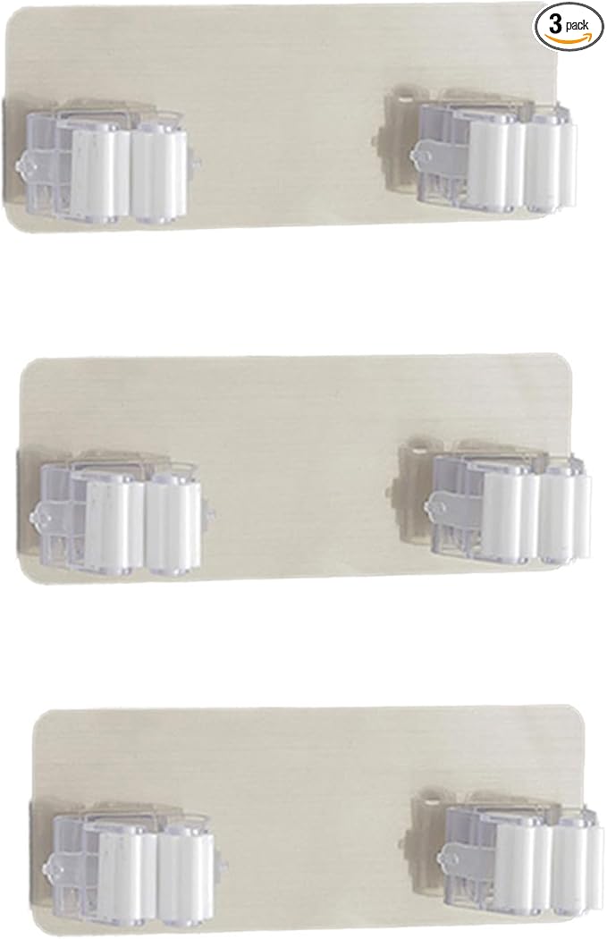 SEIWEI 3 Pcs Wall Mounted Mop Holder Self-Adhesive Broom and Mop Grippers Saving Space Mop Broom Organizer for Hang Brooms, Mops, Cleaning Brushes, Umbrellas(Double white)