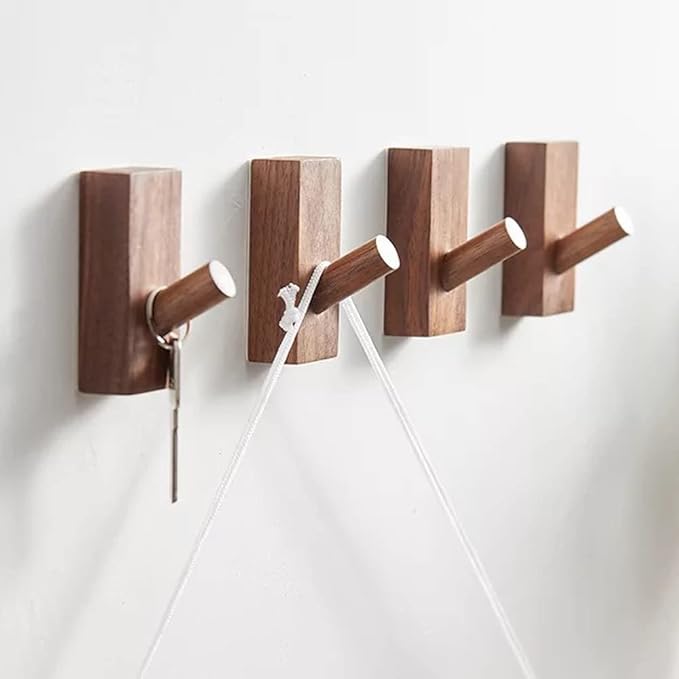 HomeDo Adhesive Wall Hooks Hat Rack, Wooden Coat Hooks Wall Mounted, Decorative Hooks Single Organizer Hat Hanger Towel Rack, Heavy Duty Hooks (Rectangle-Black Walunt,5Pack)