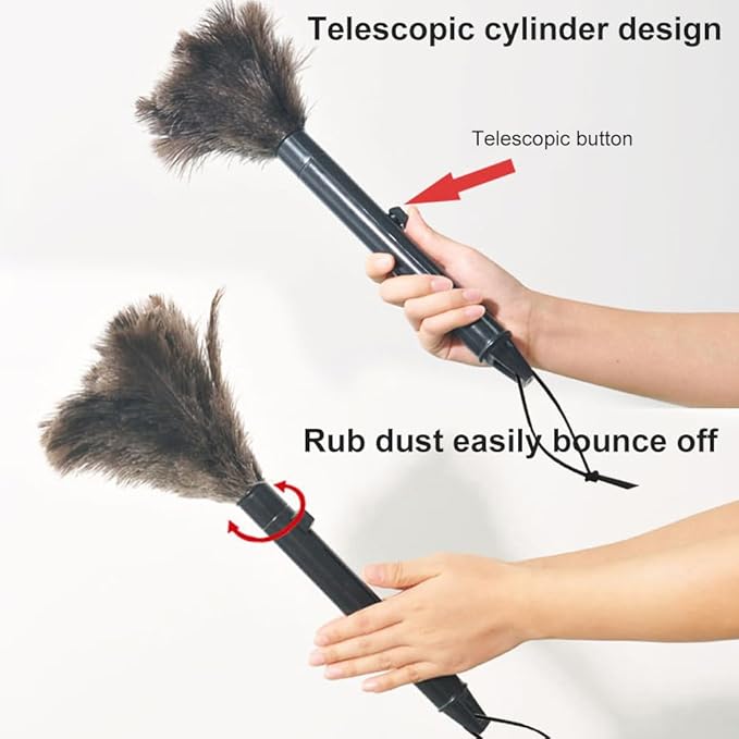 2pcs Ostrich Feather Duster for Cleaning, 9.8-16 inch Fluffy Natural Retractable Feather Duster with Retractable Handle (Black)