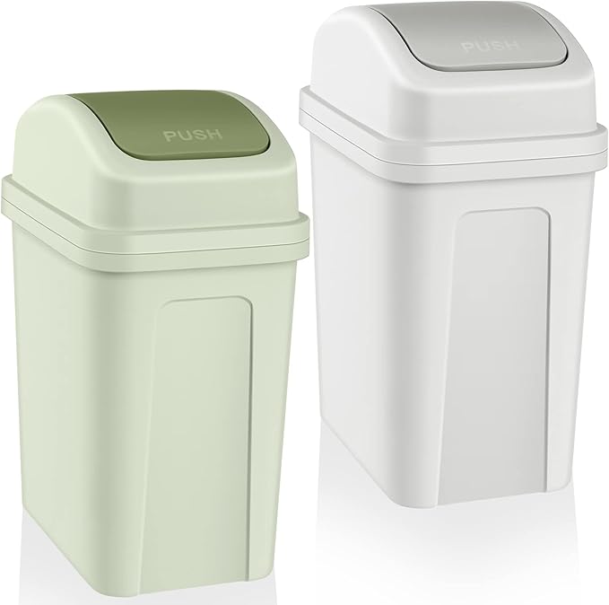 Sumind 2 Pcs 2.6 Gallon Bathroom Trash Can with Swing Lid Small Garbage Can Plastic Bathroom Trashcan Garbage Bin for Kitchen Waste Bedroom Room Outdoor (Green and Beige)