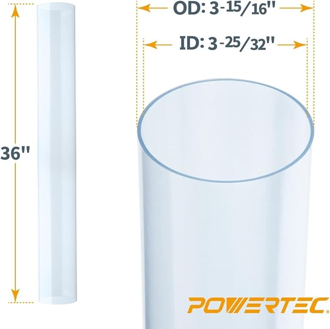 POWERTEC 70427 Clear PVC Pipe 4" x 36" Long with 4 Inch Dust Control Flex Cuff and Dust Collection Floor Sweep