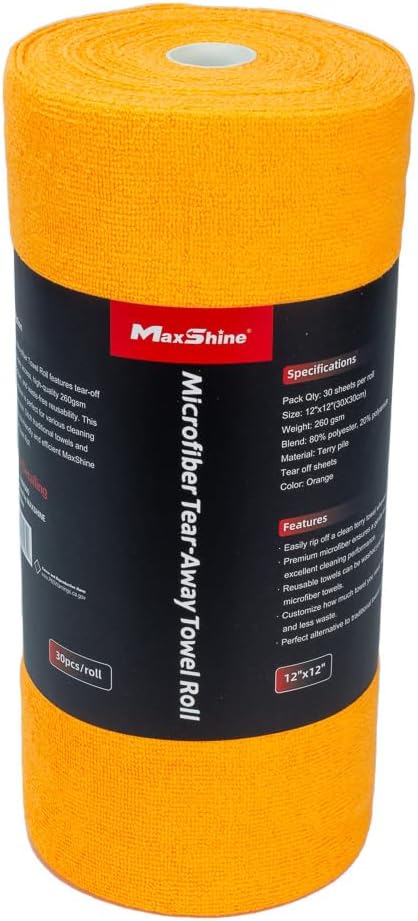Maxshine Universal Orange Microfiber Tear-Away Towel Roll | 30 Reusable 12”x12” Sheets, 260GSM Terry Microfiber | Eco-Friendly Lint-Free Cleaning Cloths for Car Detailing, Home & Garage Use