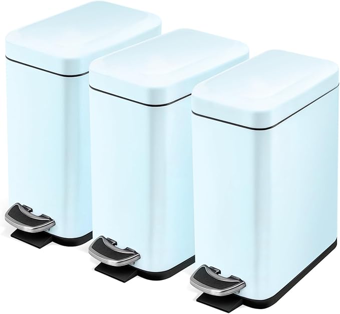 Home Zone Living 3-Pack 1.3 Gallon Small Poweder Blue Bathroom Trash Can with Lid and Step Pedal, Stainless Steel Wastebasket with Slim Design for Home and Office, 5 Liters