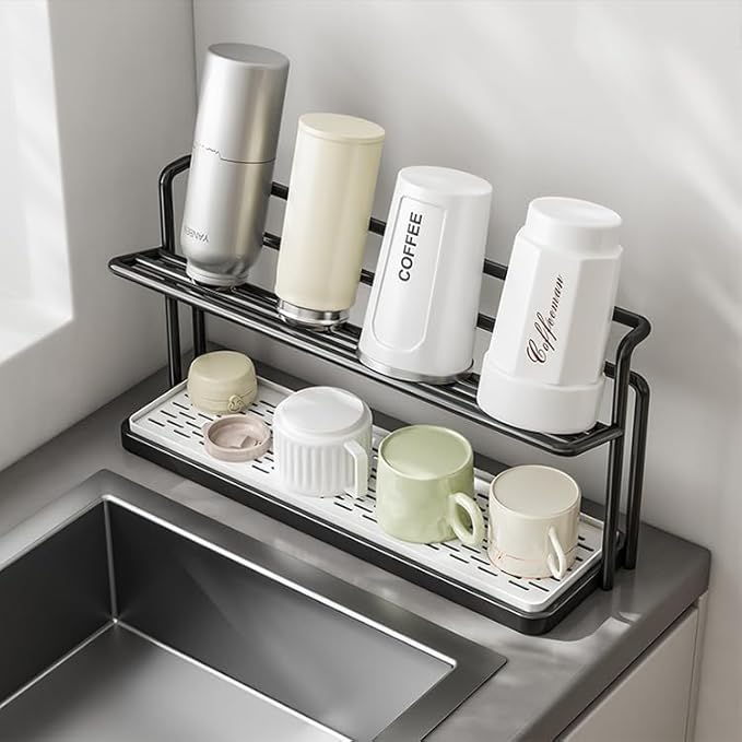 2-Tier Space-Saving Drain Rack with Removable Tray, Cup Storage Rack for Kitchen Sink, Dish Drying Organizer (Black)