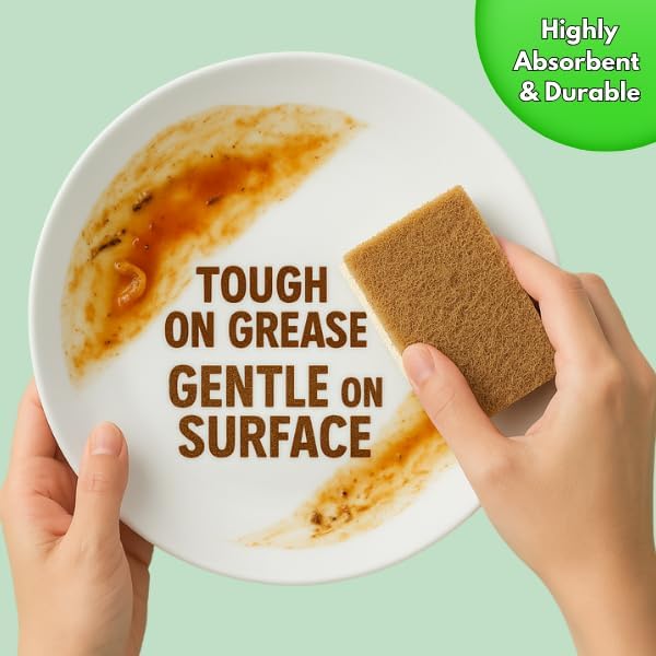 Natural Biodegradable Sponges for Kitchen 12 Pack – 100% Compostable Cellulose & Coconut Fiber Dish Sponges, Eco-Friendly, Non-Toxic, Sustainable Scrubbers for Washing Dishes & Cleaning