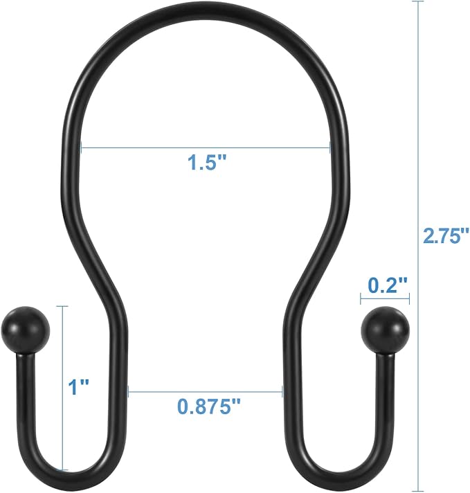12 Pack Double Shower Curtain Hooks Rings, TENOVEL Double Sided Shower Curtain Hooks Rust Proof for Shower Curtain, Stainless Steel Bathroom Shower Hangers Rings for Shower Rods, Matte Black